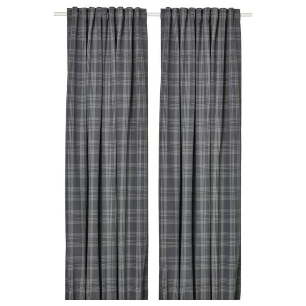 IKEA HAGGVEKCMAL Curtains 1 Pair 57x98 Gray Plaid Checkered Room Darkening NEW